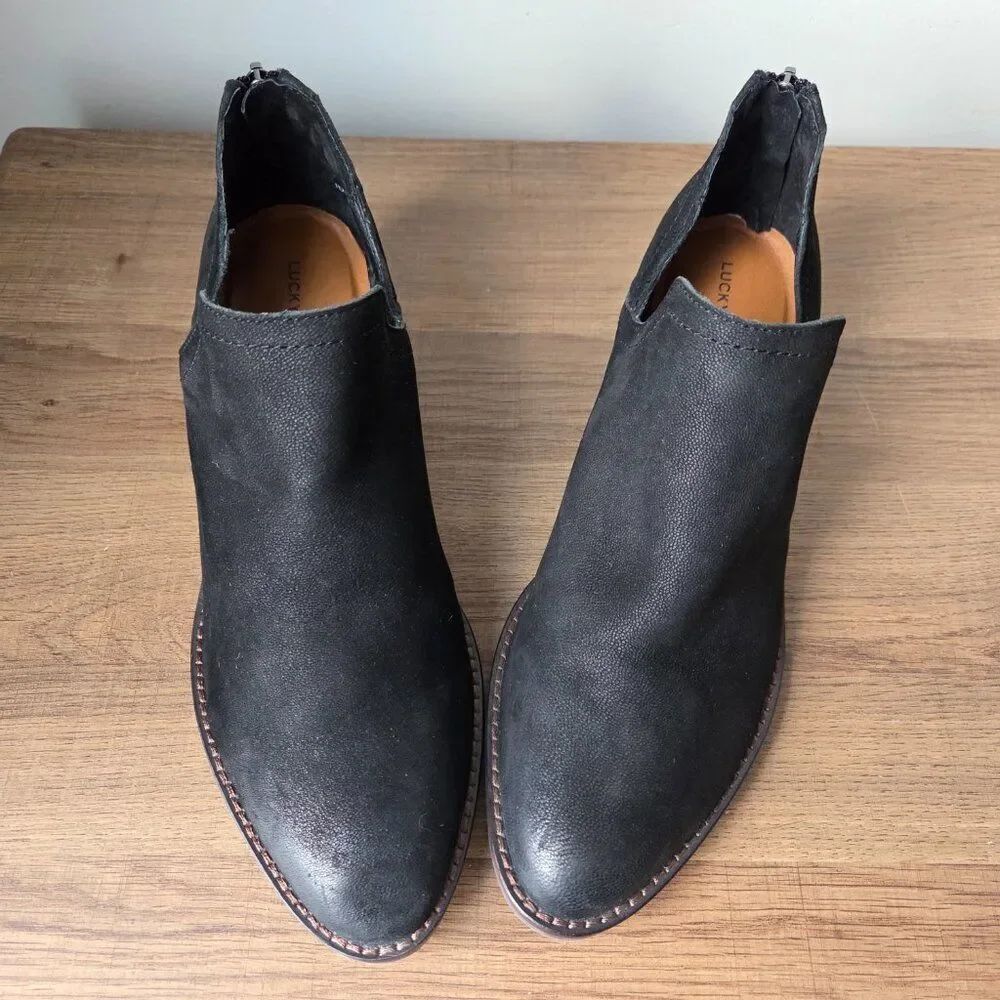 LIKE NEW LUCKY BRAND FITINA BLACK LEATHER ALMOND TOE ANKLE BOOTIES SIZE 9.5 WMNS